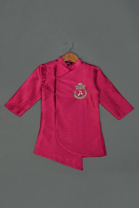 Maaikid_Pink Cotton Silk, Art Silk, Lining  Letter Motif Embroidered Sherwani Set _Online_at_Aza_Fashions