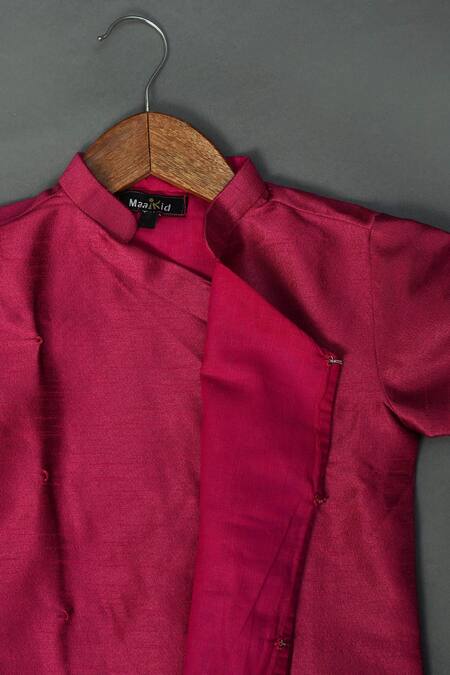 Maaikid_Pink Cotton Silk, Art Silk, Lining  Letter Motif Embroidered Sherwani Set _at_Aza_Fashions