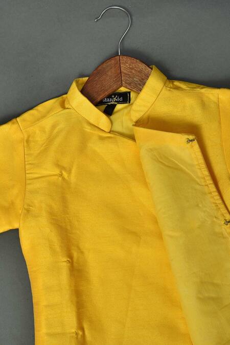 Maaikid_Yellow Cotton Silk, Art Silk, Lining  Letter Motif Embroidered Sherwani Set _Online_at_Aza_Fashions