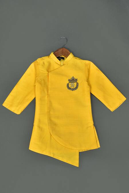 Buy_Maaikid_Yellow Cotton Silk, Art Silk, Lining  Letter Motif Embroidered Sherwani Set _Online_at_Aza_Fashions