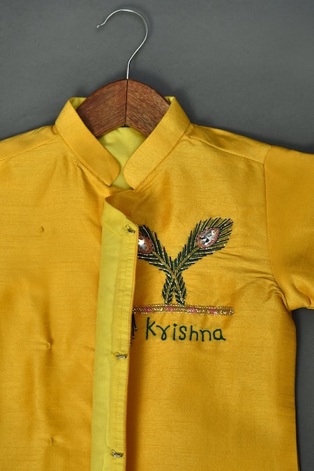 Maaikid_Yellow , Silk, Satin Zari, Embroidery Feather Motif Sherwani Set _Online_at_Aza_Fashions