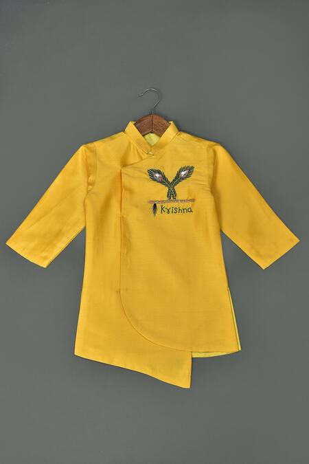 Buy_Maaikid_Yellow , Silk, Satin Zari, Embroidery Feather Motif Sherwani Set _Online_at_Aza_Fashions