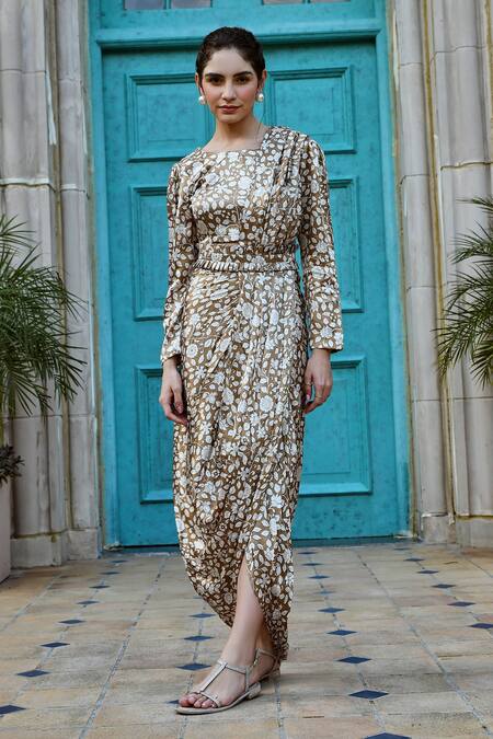 Shop_Karaj Jaipur_Brown Gabardine, Gingham Embroidery Floral Print Pre-draped Saree With Blouse _Online_at_Aza_Fashions