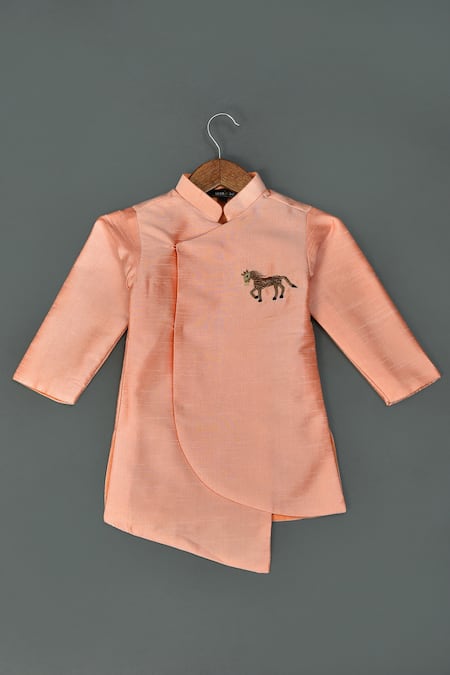 Buy_Maaikid_Peach , Silk, Satin Zari Horse Motif Embroidered Sherwani Set _Online_at_Aza_Fashions