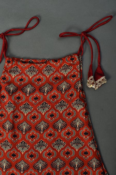 Maaikid_Red Modal, Silk, Cotton Lace Ajrakh Print Kurta And Afghani Pant Set _Online_at_Aza_Fashions