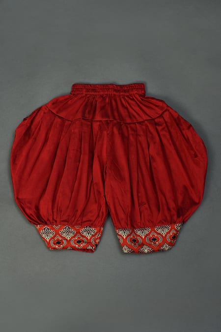 Shop_Maaikid_Red Modal, Silk, Cotton Lace Ajrakh Print Kurta And Afghani Pant Set _Online_at_Aza_Fashions