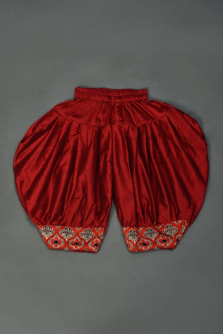 Maaikid_Red Modal, Silk, Cotton Lace Ajrakh Print Kurta And Afghani Pant Set _at_Aza_Fashions