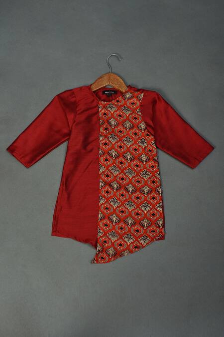 Maaikid_Red Modal, Cotton, Silk Ajrakh Print Kurta And Pyjama Set _Online_at_Aza_Fashions