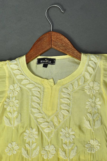 Maaikid_Yellow Muslin Embroidery A-line Kurta And Sharara Set _Online_at_Aza_Fashions