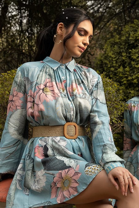 Divi By Sonal Khandelwal Sky Blue Muslin Collared Nelumbo Printed Shirt Dress Online at Aza Fashions Divi By Sonal Khandelwal_Sky Blue Muslin Collared Nelumbo Printed Shirt Dress _Online_at_Aza_Fashions