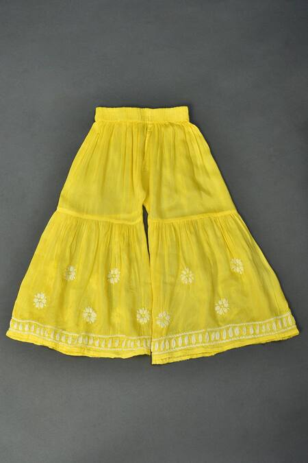 Shop_Maaikid_Yellow Muslin Embroidery A-line Kurta And Sharara Set _Online_at_Aza_Fashions