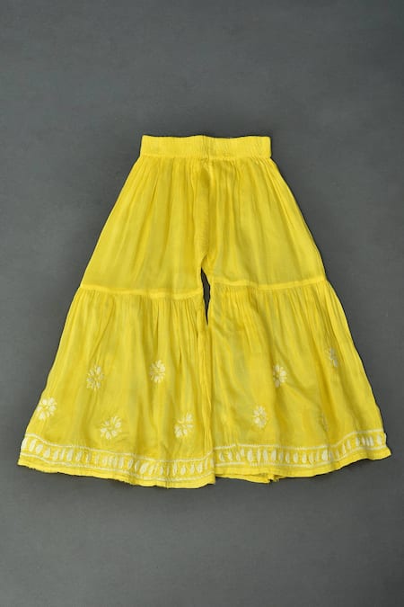 Maaikid_Yellow Muslin Embroidery A-line Kurta And Sharara Set _at_Aza_Fashions