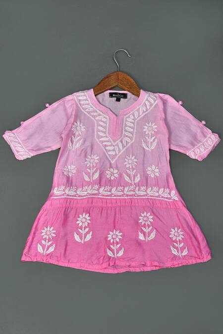 Maaikid_Pink Muslin Embroidery Ombre A-line Kurta And Sharara Set _Online_at_Aza_Fashions