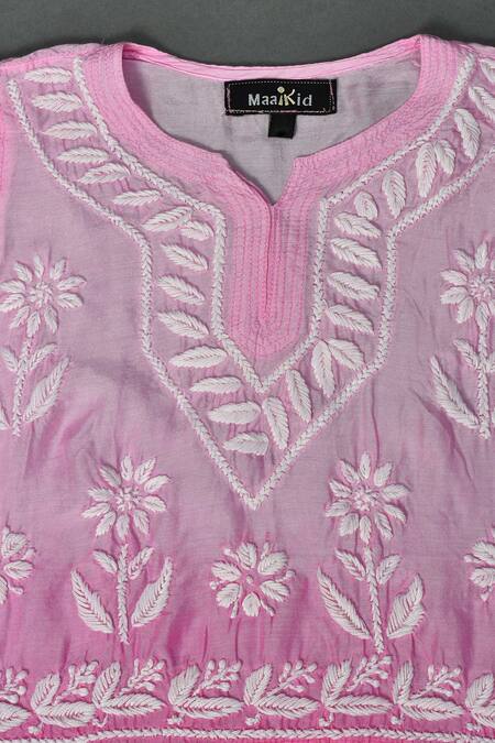Maaikid_Pink Muslin Embroidery Ombre A-line Kurta And Sharara Set _at_Aza_Fashions