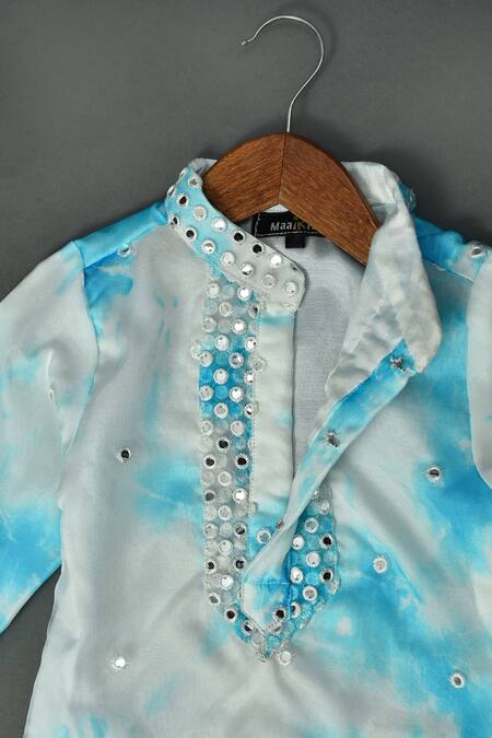 Maaikid_Blue Organza, Cotton, Silk Mirrors Printed Kurta And Pyjama Set _Online_at_Aza_Fashions