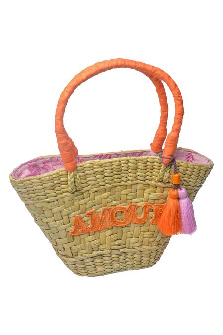 Ginn And Tonik_Beige Beads And Sequin Amour Basket Woven Beach Bag_Online_at_Aza_Fashions