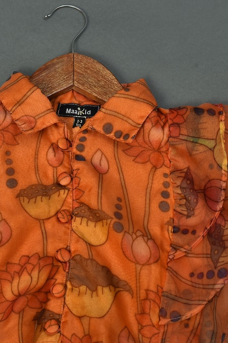 Maaikid_Orange Organza, Crepe, Linen Lotus Print Shirt And Asymmetric Lehenga Set _Online_at_Aza_Fashions