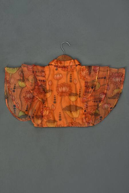 Buy_Maaikid_Orange Organza, Crepe, Linen Lotus Print Shirt And Asymmetric Lehenga Set _Online_at_Aza_Fashions