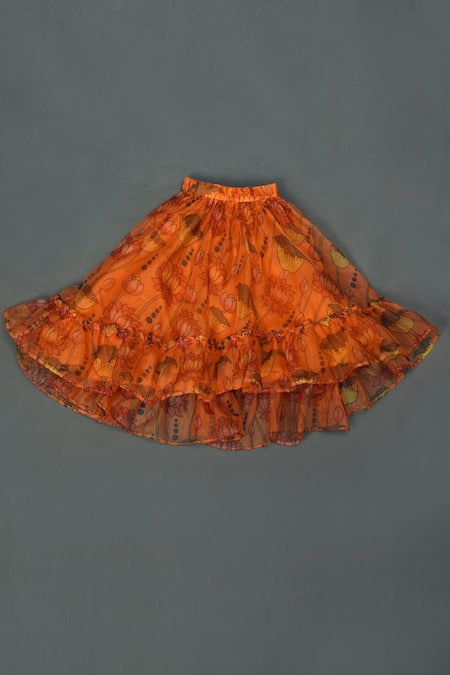 Shop_Maaikid_Orange Organza, Crepe, Linen Lotus Print Shirt And Asymmetric Lehenga Set _Online_at_Aza_Fashions