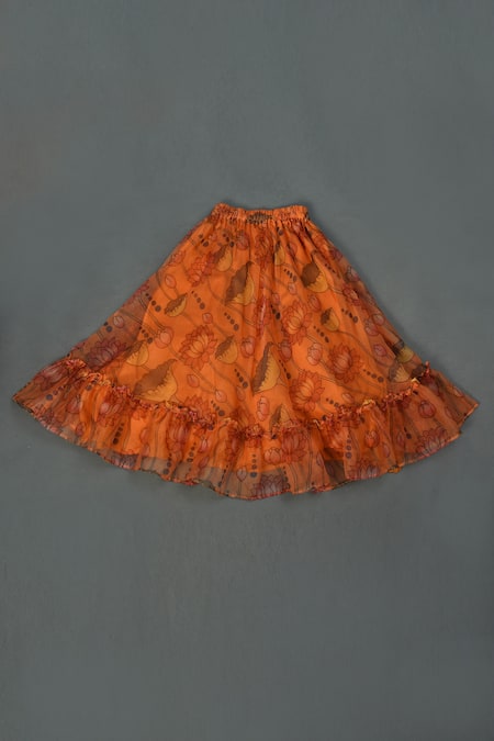 Maaikid_Orange Organza, Crepe, Linen Lotus Print Shirt And Asymmetric Lehenga Set _at_Aza_Fashions