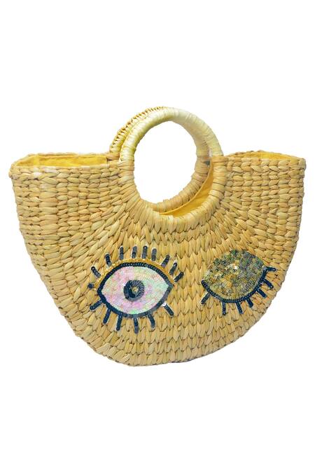 Ginn And Tonik_Beige Sequin Winking Eye Embellished Basket Woven Beach Bag_Online_at_Aza_Fashions