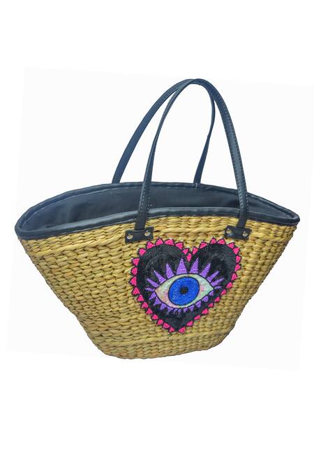 Ginn And Tonik Beige Sequin And Beads Evil Eye Embellished Woven Beach Bag Online at Aza Fashions Ginn And Tonik_Beige Sequin And Beads Evil Eye Embellished Woven Beach Bag_Online_at_Aza_Fashions