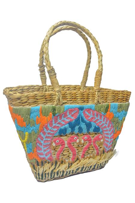 Ginn And Tonik_Beige 3d Beads Flamingo Embellished Woven Beach Bag_Online_at_Aza_Fashions