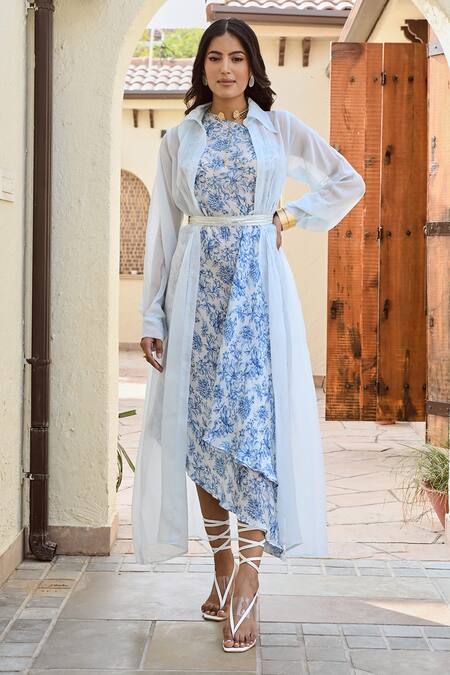 Shop_Palak & Mehak_Blue Organza, Crepe Collared Samara Jacket With Floral Print Dress _Online_at_Aza_Fashions
