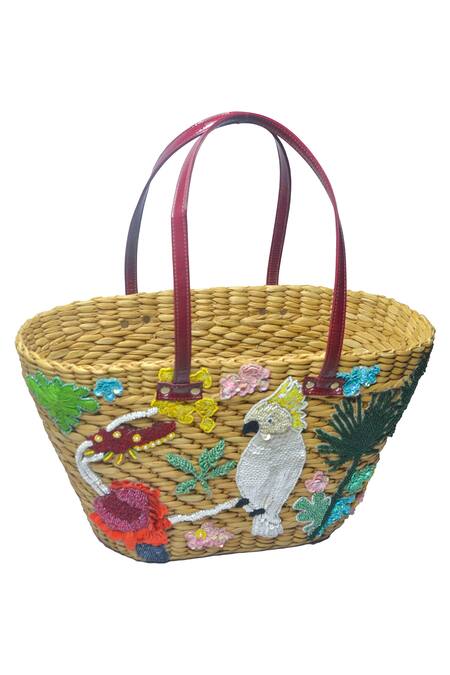 Ginn And Tonik_Beige Bead And Sequin Cockatoo Embellished Beach Bag_Online_at_Aza_Fashions