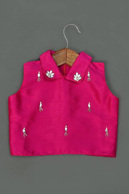 Maaikid_Fuchsia Silk, Organza Embroidery, Mirrors Lehenga Set With Sling Bag _Online_at_Aza_Fashions