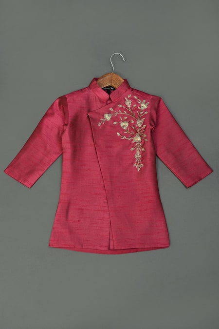 Maaikid_Pink Cotton, Silk Embroidery Sherwani Set _Online_at_Aza_Fashions