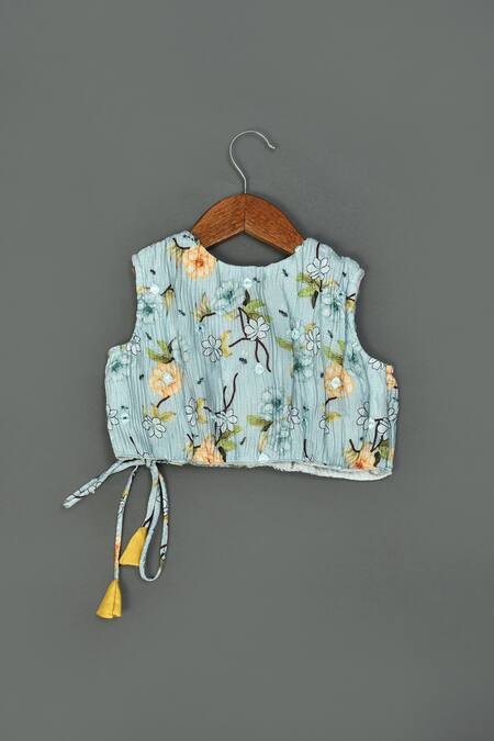 Maaikid_Blue Silk, Cotton Mirrors Floral Pattern Top And Palazzo Set _Online_at_Aza_Fashions