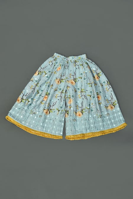 Buy_Maaikid_Blue Silk, Cotton Mirrors Floral Pattern Top And Palazzo Set _Online_at_Aza_Fashions
