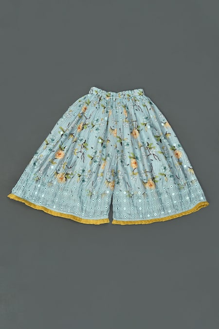 Shop_Maaikid_Blue Silk, Cotton Mirrors Floral Pattern Top And Palazzo Set _Online_at_Aza_Fashions