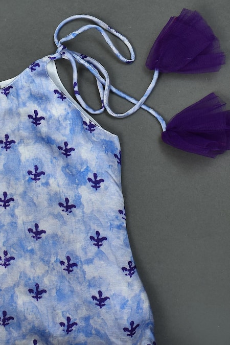 Maaikid_Purple Net, Linen, Satin Tassels Floral Print Tie-up Neck Dress _Online_at_Aza_Fashions