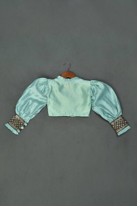 Maaikid Green Chanderi, Cotton Embroidery Embellished Cuff Sleeve Top And Palazzo Set Online at Aza Fashions Maaikid_Green Chanderi, Cotton Embroidery Embellished Cuff Sleeve Top And Palazzo Set _Online_at_Aza_Fashions