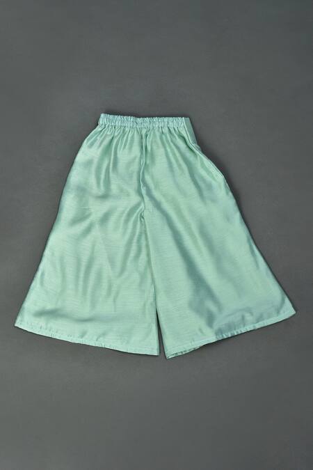 Shop Maaikid Green Chanderi, Cotton Embroidery Embellished Cuff Sleeve Top And Palazzo Set Online at Aza Fashions Shop_Maaikid_Green Chanderi, Cotton Embroidery Embellished Cuff Sleeve Top And Palazzo Set _Online_at_Aza_Fashions