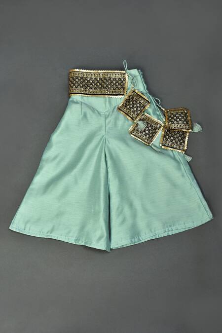 Maaikid Green Chanderi, Cotton Embroidery Embellished Cuff Sleeve Top And Palazzo Set at Aza Fashions Maaikid_Green Chanderi, Cotton Embroidery Embellished Cuff Sleeve Top And Palazzo Set _at_Aza_Fashions