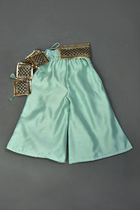 Buy Maaikid Green Chanderi, Cotton Embroidery Embellished Cuff Sleeve Top And Palazzo Set Buy_Maaikid_Green Chanderi, Cotton Embroidery Embellished Cuff Sleeve Top And Palazzo Set