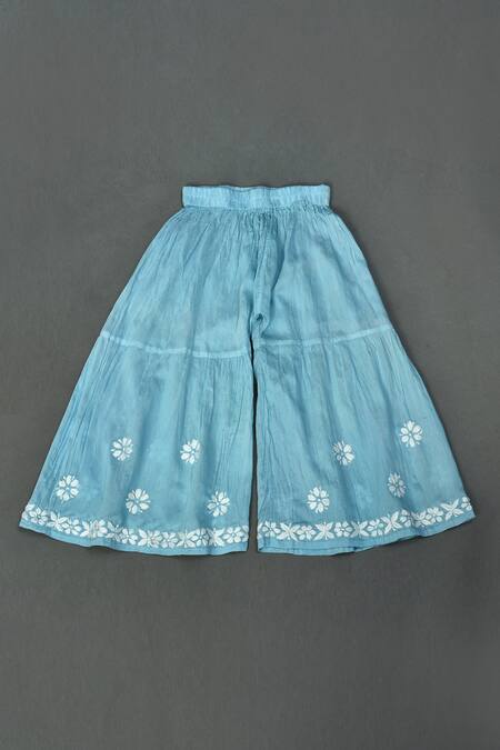 Shop_Maaikid_Blue Chanderi Embroidery Chikankari Kurta And Sharara Set _Online_at_Aza_Fashions