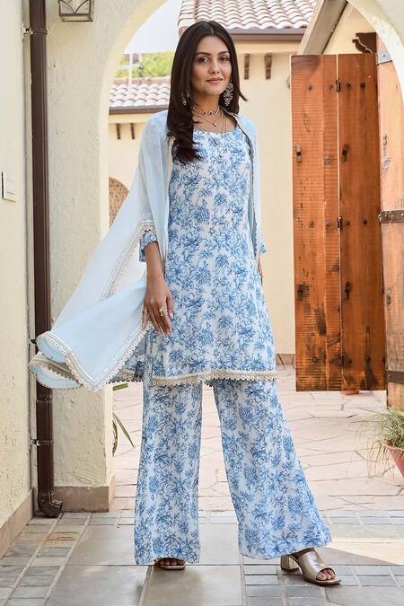 Shop Palak & Mehak Ivory Crepe, Organza Gota Patti, Embroidery Printed Kurta Set With Sheer Cape Online at Aza Fashions Shop_Palak & Mehak_Ivory Crepe, Organza Gota Patti, Embroidery Printed Kurta Set With Sheer Cape _Online_at_Aza_Fashions