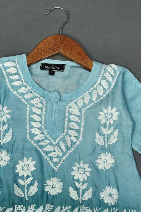Maaikid_Blue Muslin Embroidery Ombre Chikankari Kurta And Sharara Set _Online_at_Aza_Fashions