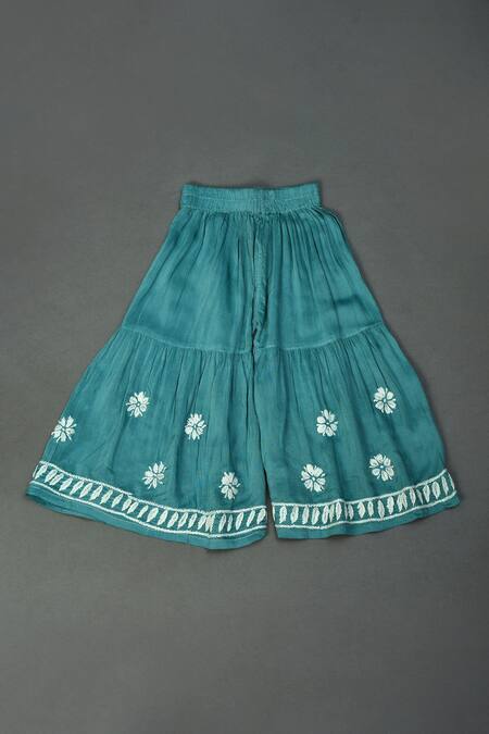 Maaikid_Blue Muslin Embroidery Ombre Chikankari Kurta And Sharara Set _at_Aza_Fashions