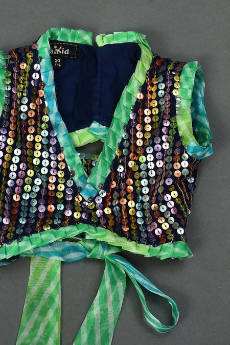 Maaikid_Green Organza, Linen Sequins Leheriya Print Lehenga And Top Set _Online_at_Aza_Fashions