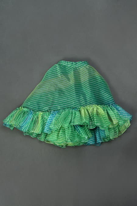Shop_Maaikid_Green Organza, Linen Sequins Leheriya Print Lehenga And Top Set _Online_at_Aza_Fashions
