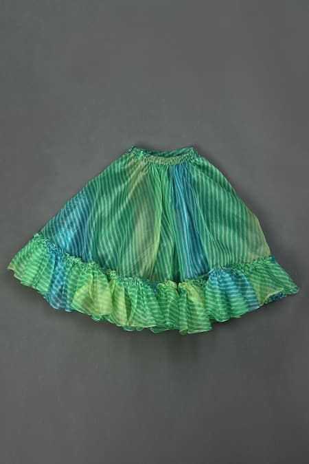 Maaikid_Green Organza, Linen Sequins Leheriya Print Lehenga And Top Set _at_Aza_Fashions