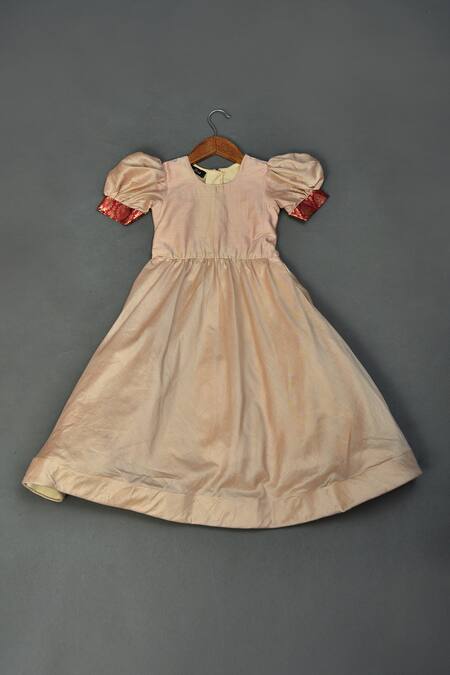 Maaikid_Pink Cotton, Silk, Brocade Cut Work, Puff Sleeve Gown With Embellished Jacket _Online_at_Aza_Fashions