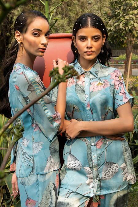 Buy Divi By Sonal Khandelwal Sky Blue Modal, Satin, Viscose Collared Nelumbo Printed Shirt And Pant Set Online at Aza Fashions Buy_Divi By Sonal Khandelwal_Sky Blue Modal, Satin, Viscose Collared Nelumbo Printed Shirt And Pant Set _Online_at_Aza_Fashions