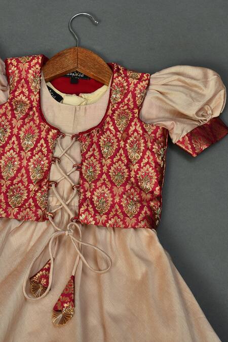 Buy_Maaikid_Pink Cotton, Silk, Brocade Cut Work, Puff Sleeve Gown With Embellished Jacket _Online_at_Aza_Fashions