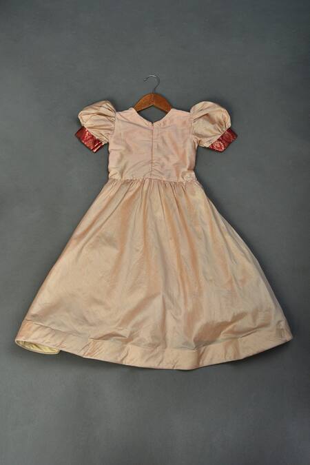 Shop_Maaikid_Pink Cotton, Silk, Brocade Cut Work, Puff Sleeve Gown With Embellished Jacket _Online_at_Aza_Fashions